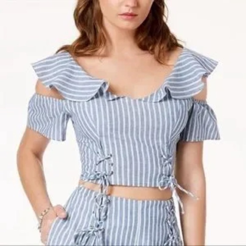 Blue & White Stripe Poplin Butterfly Flutter Sleeve Corset Style Top Size S